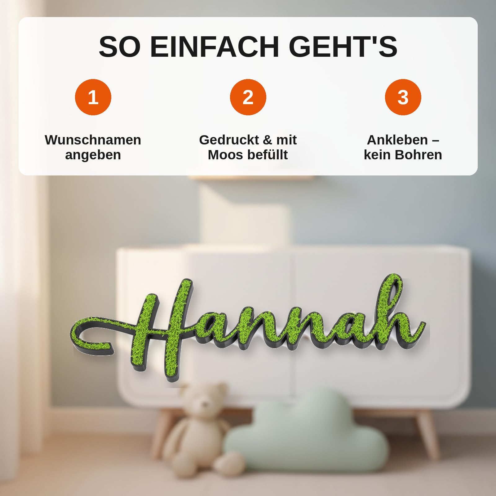 Personalisierter Moos-Schriftzug als Türschild fürs Kinderzimmer