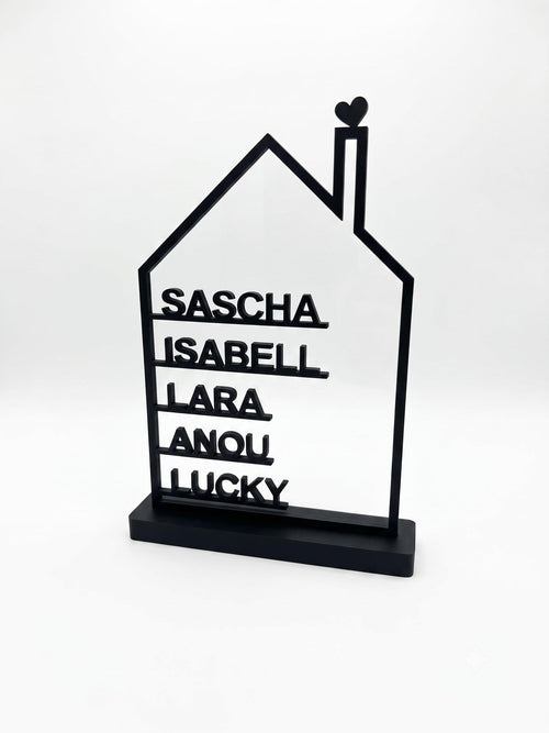 Personalisierte Haussilhouette mit Familiennamen aus 3D-Druck