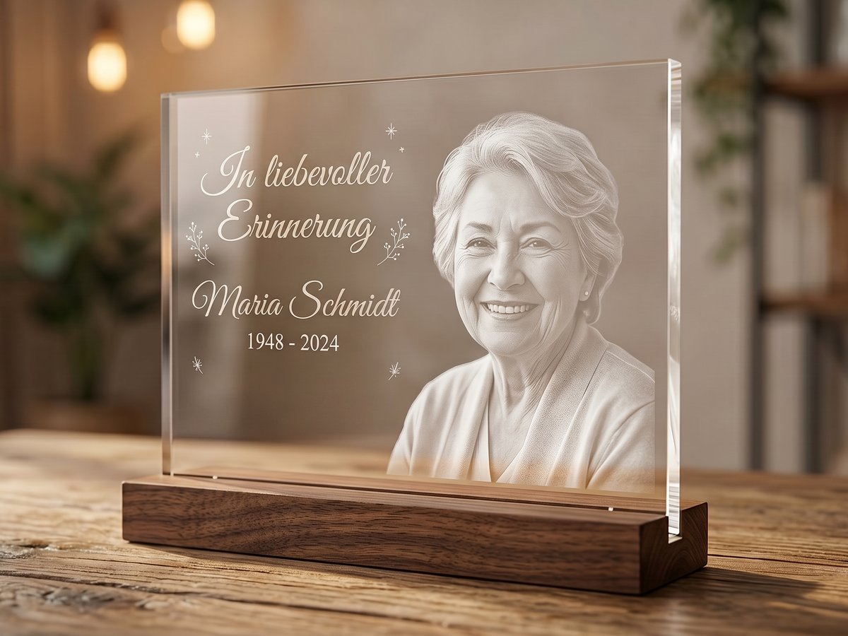 Gelaserter Acrylglas-Aufsteller „In liebevoller Erinnerung“ mit Porträt, Name und Lebensdaten auf einem Holzsockel